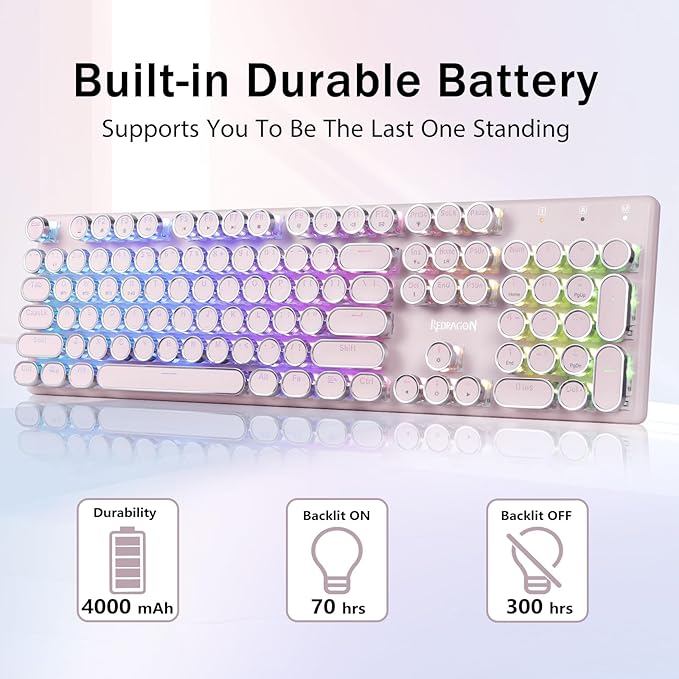 Redragon K710 Wireless Typewriter Mechanical Gaming Keyboard, Bluetooth/2.4Ghz/Wired, RGB Led Backlit, Blue Switch - Clicky, Rechargeable, Solid Metal Panel, Round Keycaps, Pink