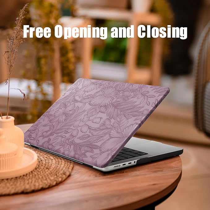 DTangLsm for MacBook Air 15 inch Case 2026 2025 2024 2023 M5 M4 M3 M2 A3448 A3241 A3114 A2941, Elegant Textured Retro Leather Hard Cover for M5 MacBook Air 15 Case+Keyboard Skin, Lilac Embossed Floral