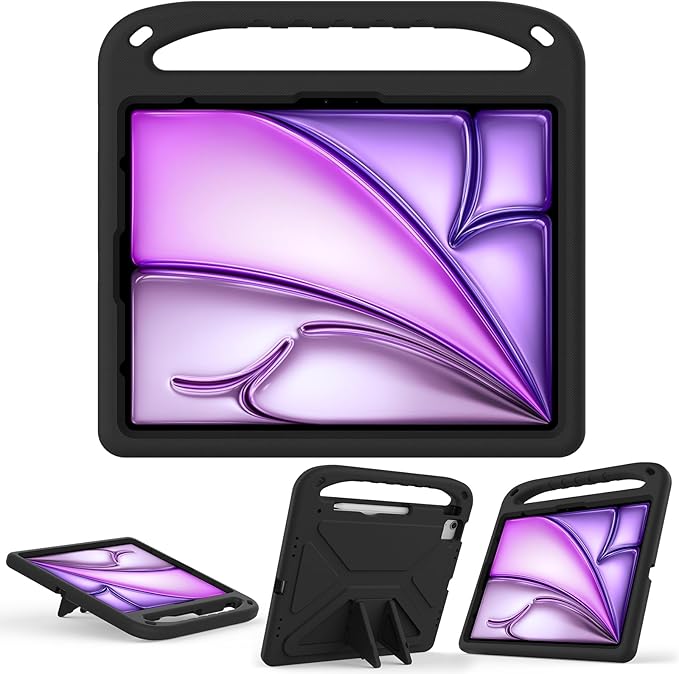 for iPad Air 11" M4 M3 M2 2026 2025 2024 Case for Kids, iPad Pro 11 Inch M5 M4 Case 2025 2024, Soft EVA Handle with Shoulder Strap Stand Cute Kids Friendly Bumper Cover, Black