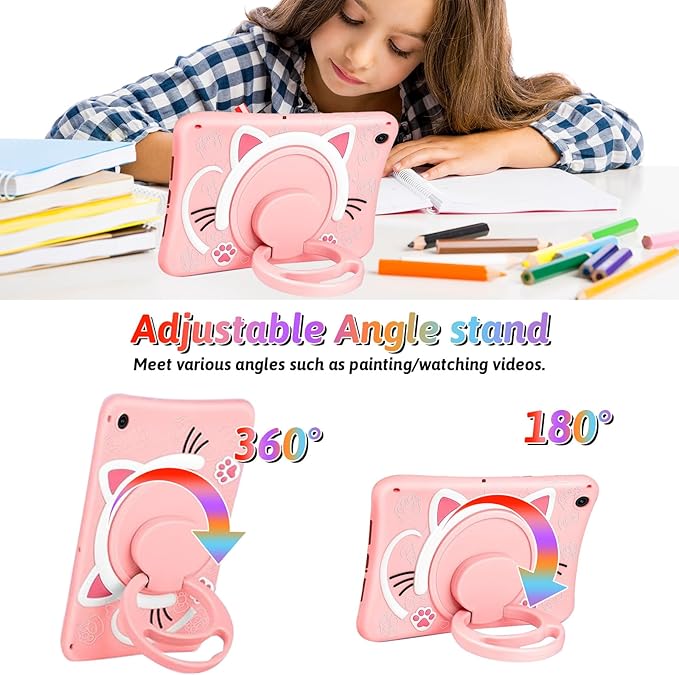 Dteck for iPad 9th/8th/7th Generation Case 10.2",Cute Cartoon Funda 3D Unique Design Light Rotating Handle Stand Shoulder Strap Soft Silicone Drop Rugged Shockproof Protective Kid-Proof Case,Cat