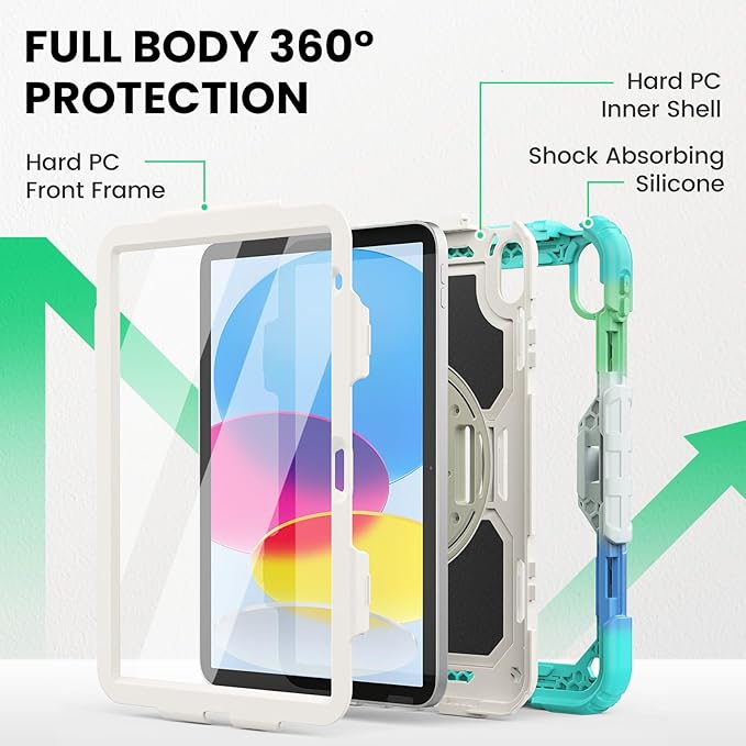 SEYMAC Case for iPad (A16) 11th/10th Generation 2025/2022 (11″/10.9″), Sturdy Heavy Duty Full-Body Shockproof Protective Case with Screen Protector, Rotating Stand, Hand/Shoulder Strap, Colorful/Blue