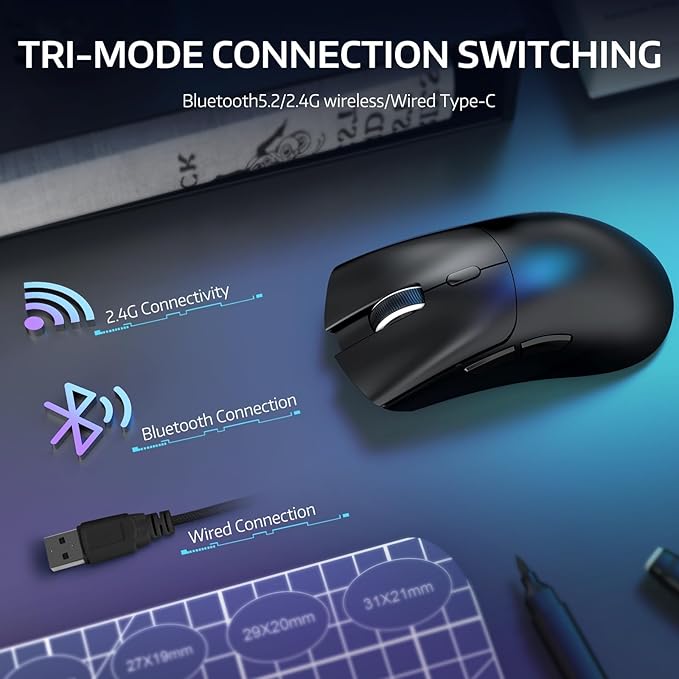 ATTACK SHARK R1 Wireless Gaming Mouse,Tri-Mode Connection (2.4G/Wired/BT5.2),55g Lightweight,18K DPI Optical Sensor,HUYU 20 Million Key Life,Ergonomic Design,for PC/Laptop/Win/Mac(Black)
