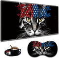 Ergonomic American Flag Cat Extended Mouse Pad 31.5" x 11.8" Set, with Wrist Rest & Lace Coasters, Pain Relief Design, Non-Slip Desk Mat for Home & Gaming