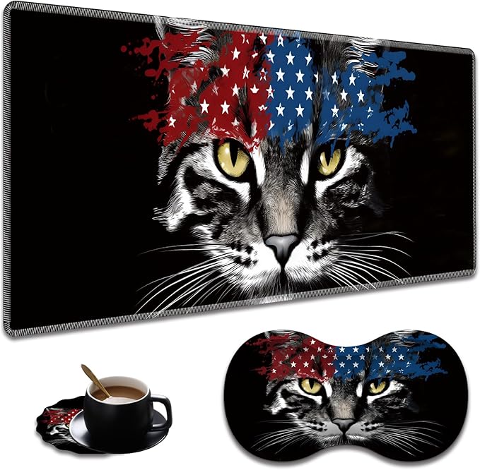 Ergonomic American Flag Cat Extended Mouse Pad 31.5" x 11.8" Set, with Wrist Rest & Lace Coasters, Pain Relief Design, Non-Slip Desk Mat for Home & Gaming