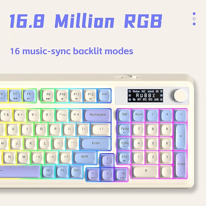 AULA S99 Pro Gaming Keyboard, Cute Creamy Keyboard with Number Pad Smart Screen, Tri-Mode Bluetooth/2.4G/USB-C Computer Keyboards, Media Knob Custom RGB Backlit Feel for MAC Xbox PC Gamer - Purple