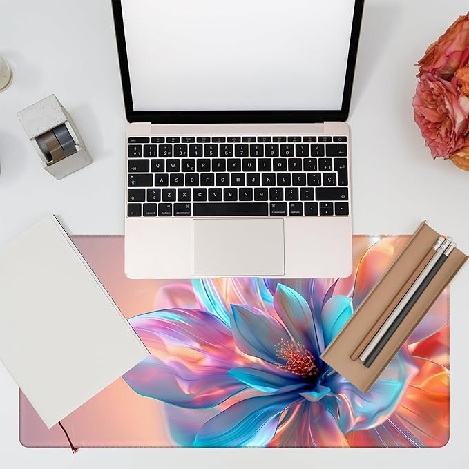 Large Gaming Mouse Pad, Elegant Luxury Colorful Flowers Desk Mat, Holographic Hues Abstract Bloom Desk Pad, 31.5"x15.7" Extended Big Mouse Pad with Non-Slip Base and Stitched Edge