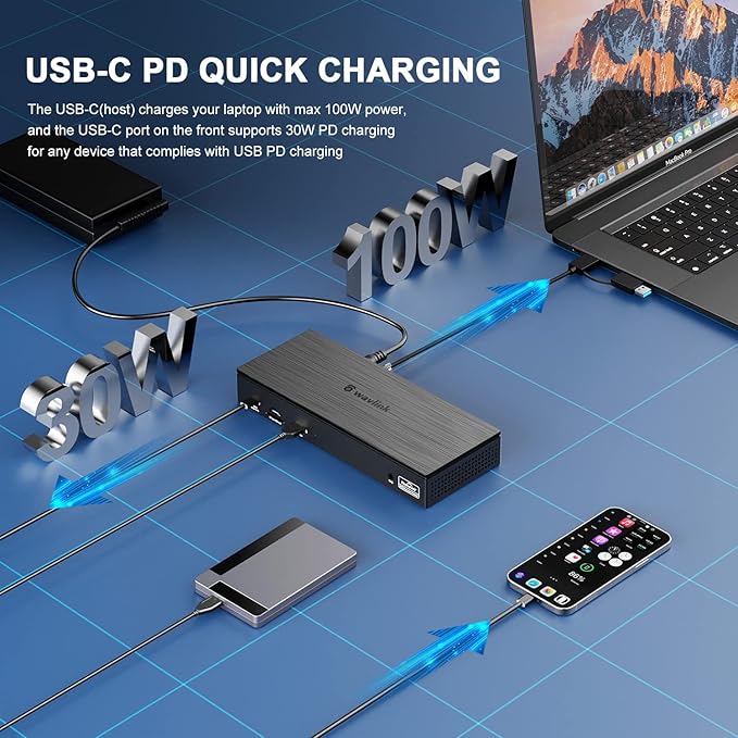 WAVLINK DisplayLink Laptop Docking Station - Quad Monitor 5K/4K@60Hz, 100W Charging - Thunderbolt 5/4, USB-C/A - M1-M5 Mac/MacBook Neo/Windows/Chrome- 4 HDMI, 4 DP, 180W Power, SD 4.0 CR, 2.5Gbps LAN