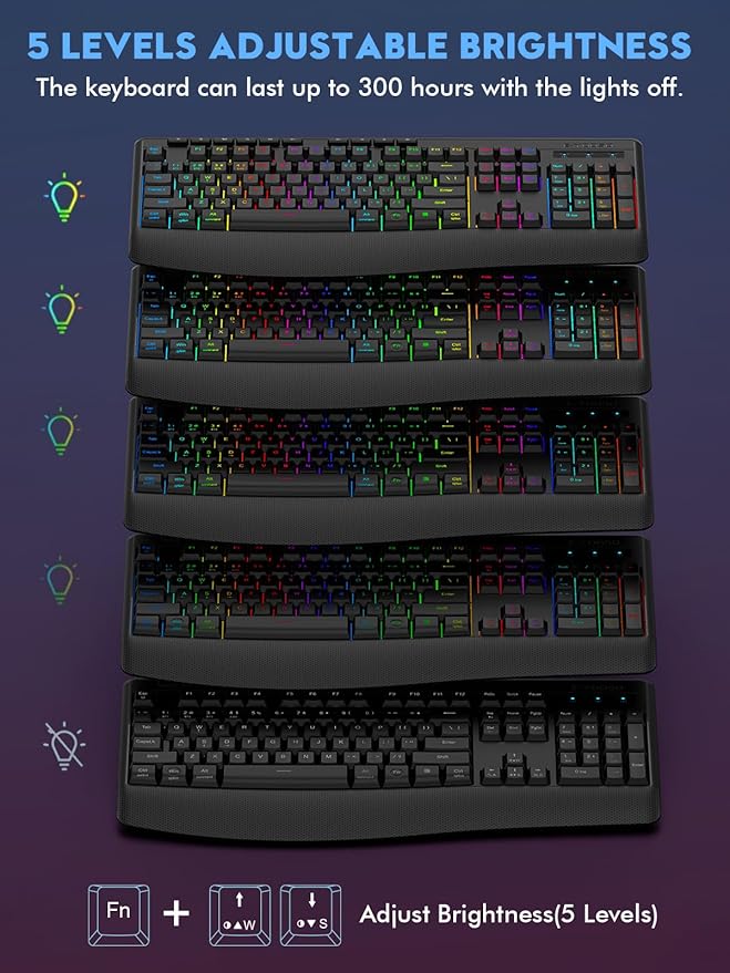 E-YOOSO RGB Wireless Keyboard, 3-Mode (2.4G/BT/USB), 9 Effects Backlits, Light Up Letters, Rechargeable Ergonomic Computer Silent Keyboard with Wrist Rest for Windows, Mac, PC, Laptop, Games