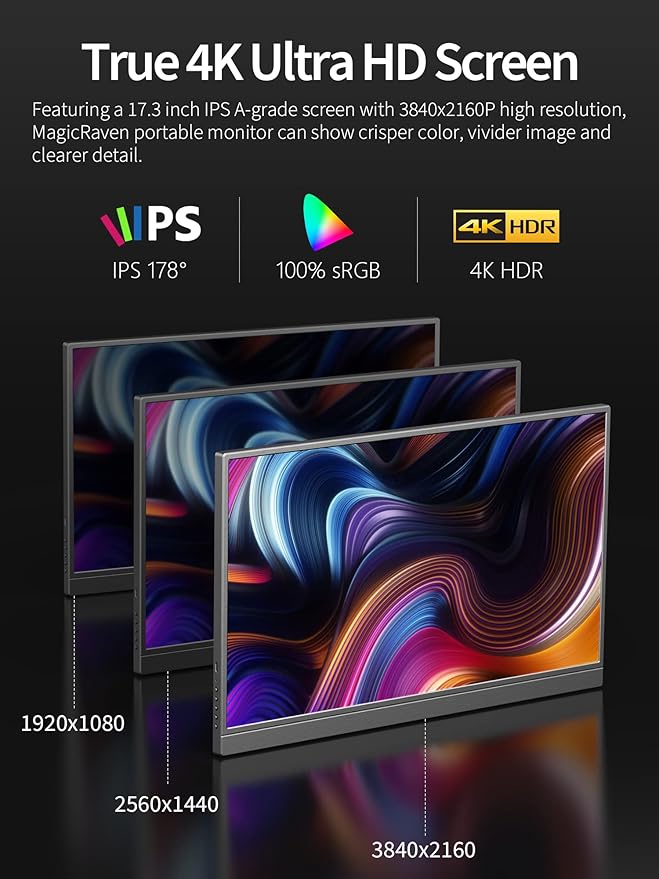 MAGICRAVEN Portable Monitor, 17.3" 4K Second Display for Laptop & Console, USB-C & HDMI Laptop Screen Extender with Built-in Speakers, Works with PS5, Xbox, Switch, Ideal for Travel, Home & Office