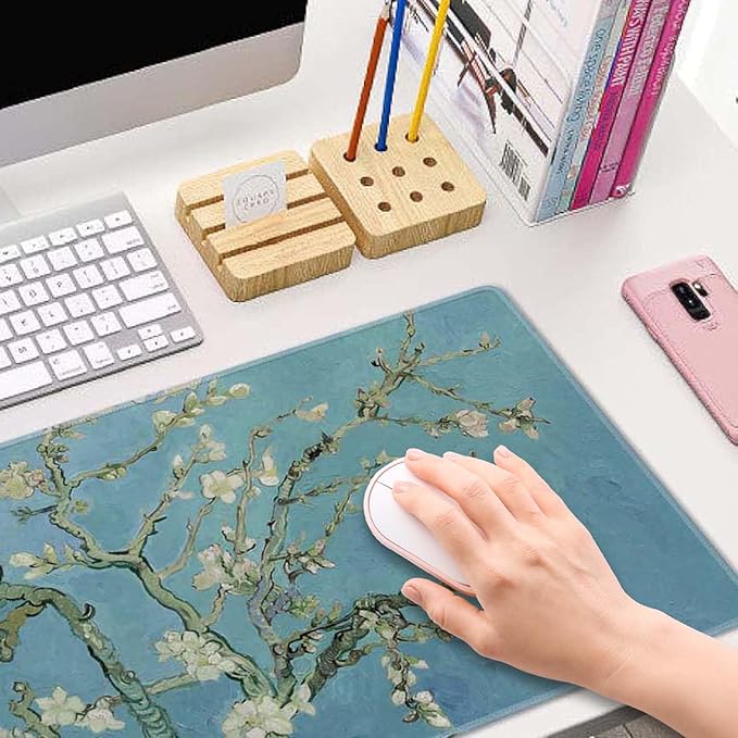 Gaming Mouse Pad, Large Mouse Pads for Desk, Non-Slip Rubber Base Mousepad, Keyboard Mouse Mat Desk Pad with Stitched Edges, 31.5x11.8 inch Vincent Van Gogh Almond Blossom