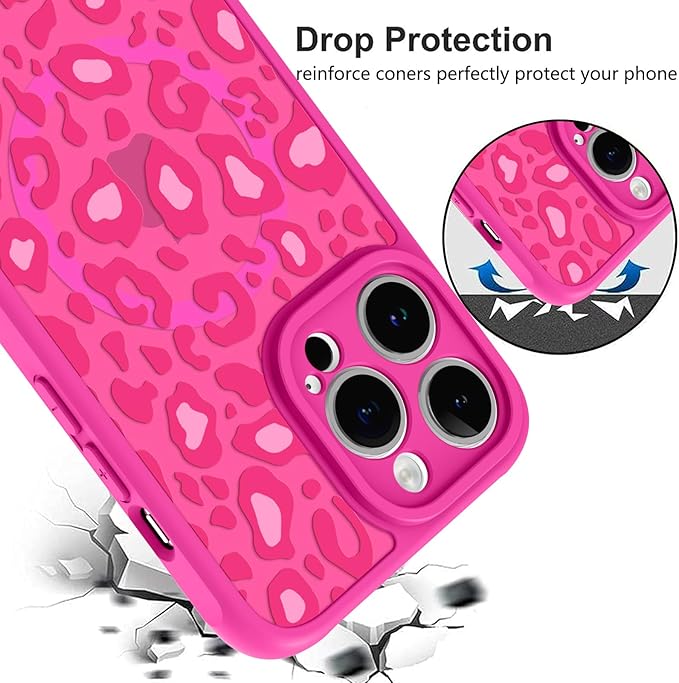 KANGHAR Case for iPhone 13 Pro Hot Pink Leopard Printed Pattern Cute Cheetah [Compatible with Magsafe] Protective Magnetic Case for Girls Women 6.1"