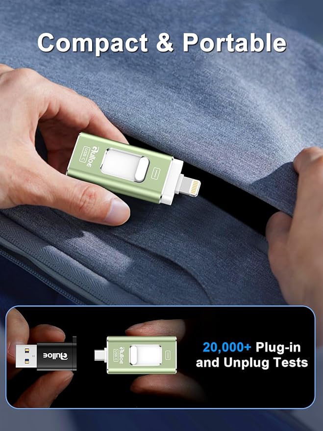 Gulloe 256GB Dual Interface Flash Drive for Phone Storage Photos Videos, Phone USB Backup External Photo Memory Stick - No App Required, Compatible with iPhone, iPad, Android & PC (Sage Green)