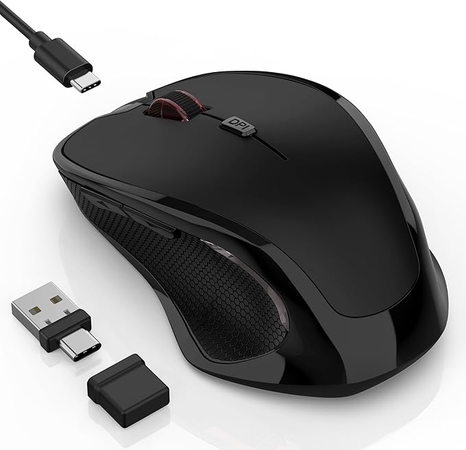Wireless Bluetooth Mouse for Mac Pro MacBook Air, Rechargeable Mice with Jiggler Mouse, 3 Mode Switch Bluetooth 5.2/3.0 & 2.4G USB-A/USB-C Receiver, Optical Silent Mouse for iPad PC Laptop, Black