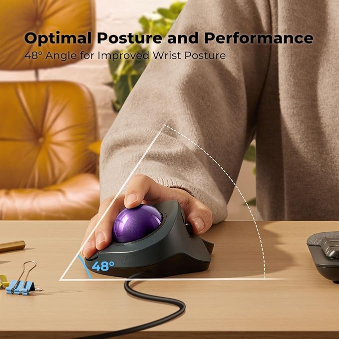 Wired Trackball Mouse for Large Hands, Ergonomic Design Reduces Wrist & Muscle Strain, Precision Tracking with Easy Index Finger Control, Compatible with PC, Laptop, Windows, Mac, Purple
