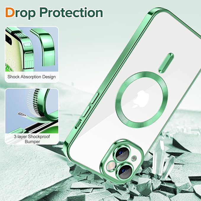 Hython Magnetic Clear for iPhone 15 Plus Case with Camera Lens Protector [Compatible with MagSafe] Luxury Plating Edge Slim Soft TPU Cover Protective Phone Case for iPhone 15 Plus 6.7", Light Green