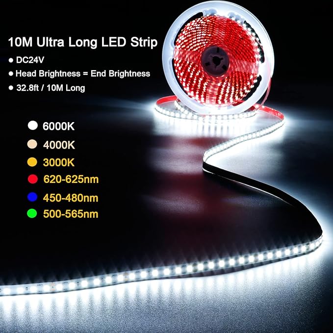 DC 24V 32.8ft(10M) Red LED Strip Light 1200LEDs 2835 SMD 90W High Brightness No-Waterproof IP20 Flexible Ribbon for Kitchen Garden Backyard Hallways Stairs Decoration Lighting(No Power Supply)
