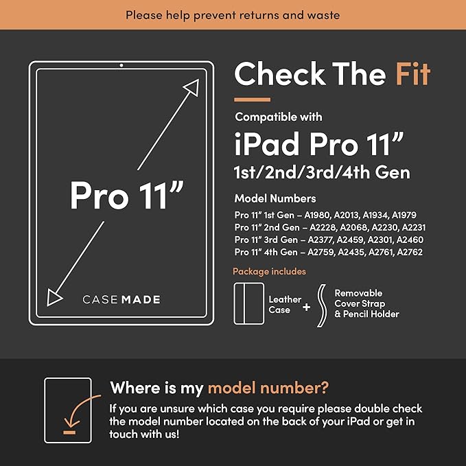 Casemade Real Leather Case Compatible with iPad Pro 11” 1st/2nd/3rd/4th Gen (2018/2020/2021/2022) - Full-Grain Leather Cover, Auto Sleep/Wake, Dual Stand Position (Tan)