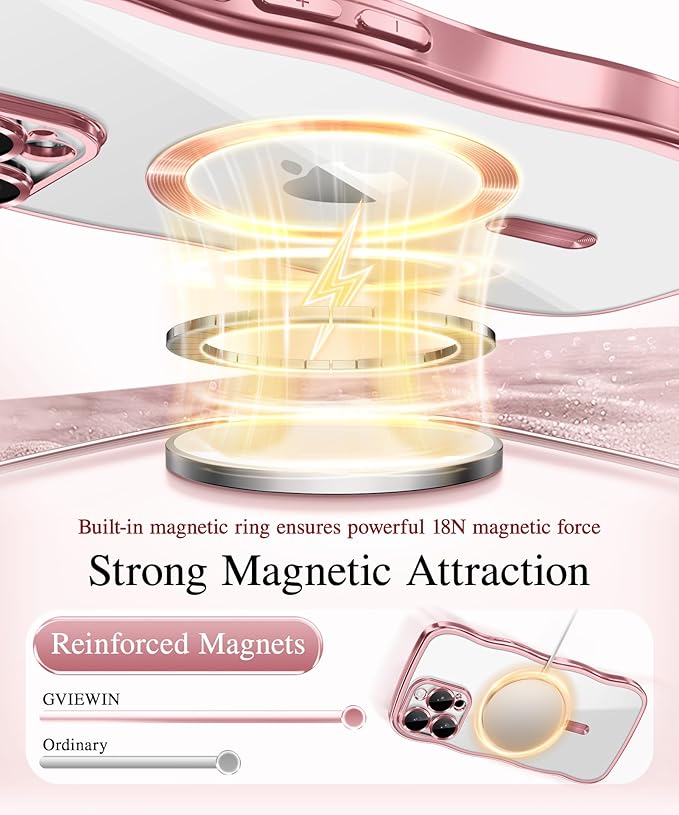 GVIEWIN for iPhone 16 Pro Max Case Compatible with MagSafe, Upgraded [Full Camera Protection][Cute Wave Frame][Military Grade Protection] Electroplated Soft Phone Cover for Women Girl, Clear/Pink
