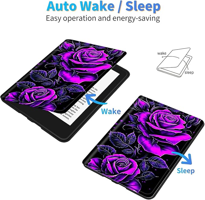 for 6.8" Kindle Paperwhite (11th Generation 2021) and Kindle Paperwhite Signature Edition Case, Slim Kickstand Stand Leather Smart Cover with Auto Wake/Sleep, Purple Rose 01