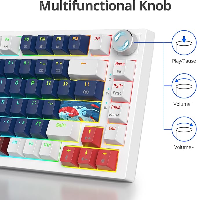 Guffercty kred 75% Percent Blue Wired Keyboard Gasket Mount, Hot-swappable RGB Mechanical Gaming Keyboard Programmable with Knob for Mac/Win (82 Blue Earth)