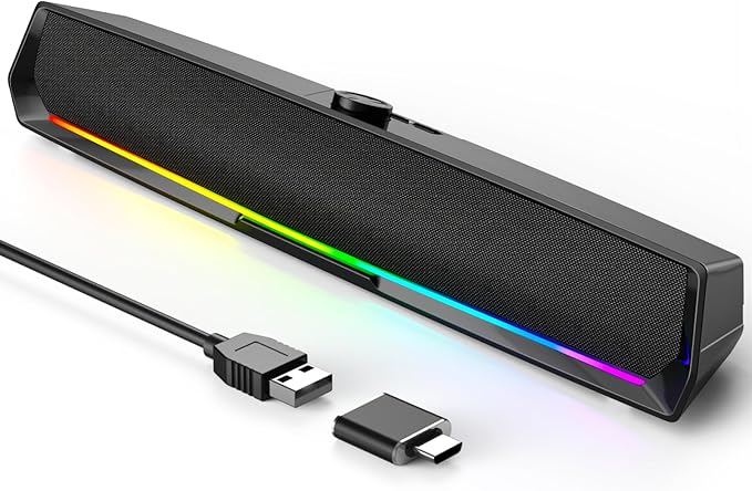 Computer Speakers for Desktop,PC Speakers Gaming Sound bar with Colorful Light,USB Speaker With Bluetooth for PCs Desktop Laptop Tablets,Wired Bluetooth Speaker for Phones(Type-C Adapter Included)