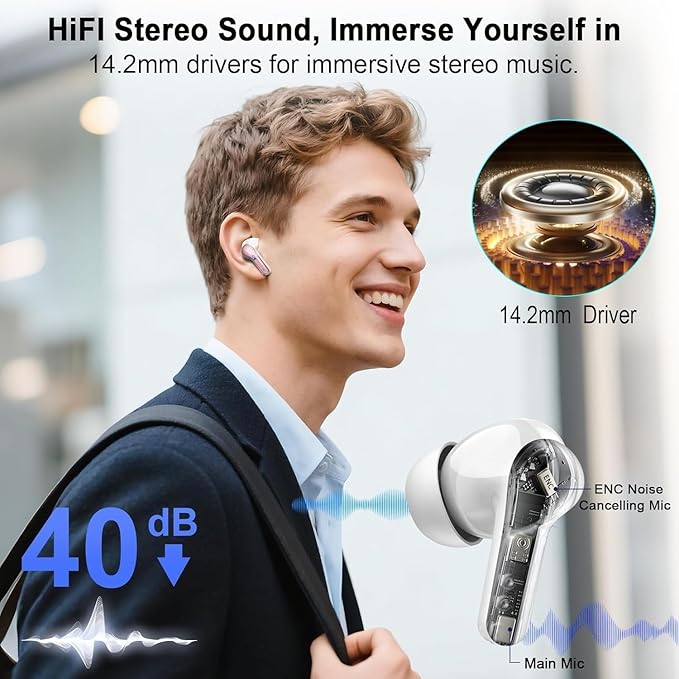 Wireless Earbuds, Bluetooth Headphones 5.4 HiFi Stereo, Ear Buds with 4 ENC Noise Cancelling Mics, 48H Bluetooth Earbuds with Dual LED Display, IP7 Waterproof Earphones for Android iOS, Pink Gold