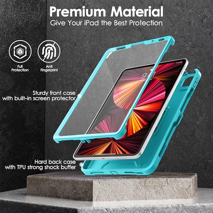 DTTO for iPad Pro 11 inch Case 2022(4th Gen)/2021(3rd Gen), [Screen Protector] Dual Layer Full Body Protection Cover with Pencil Holder, Also Fit iPad Pro 11'' 2020&2018/iPad Air 5/Air 4 - Cyan Blue