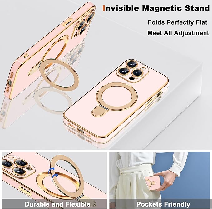 Compatible with iPhone 12 Pro Case with Magnetic Ring Stand [Compatible with Mag-Safe] [Full Camera Lens Protector] Soft Plating Phone Case for iPhone 12 Pro 6.1", Solid Pink
