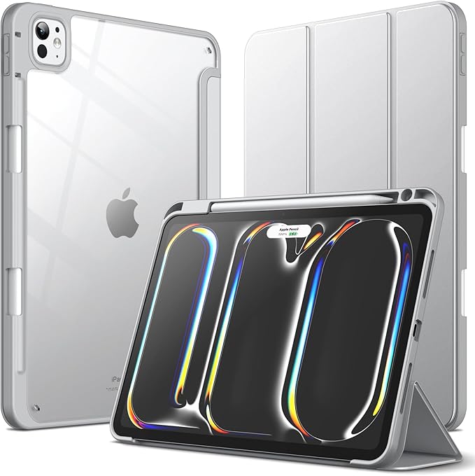 JETech Case for iPad Pro 11-Inch M5/M4 2025/2024 (6th/5th Generation) with Pencil Holder, Clear Transparent Back Shell Slim Stand Shockproof Tablet Cover, Auto Wake/Sleep (Silver)