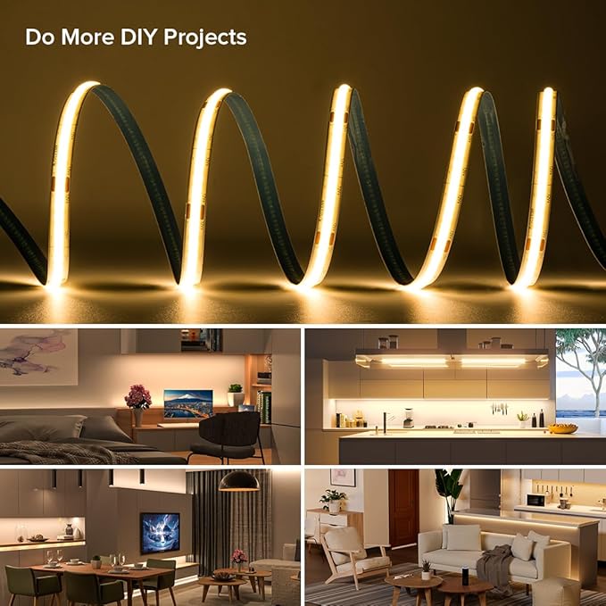 16.4FT COB LED Strip DC12V Warm White Flexible High Density Uniform Bright Light, 480LEDs/m CRI90+ Dimmable 3000K LED Tape for DIY Kitchen Bedroom Home Decor, No Power and Controller