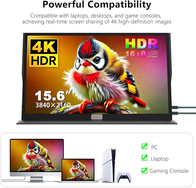 4K Portable Touchscreen Monitor,15.6" Touch Screen Monitor,IPS External,Touchscreen HDR HDMI USB-C Travel Monitor for Laptop MacBook Pc Surface PS5 Xbox (15.6")