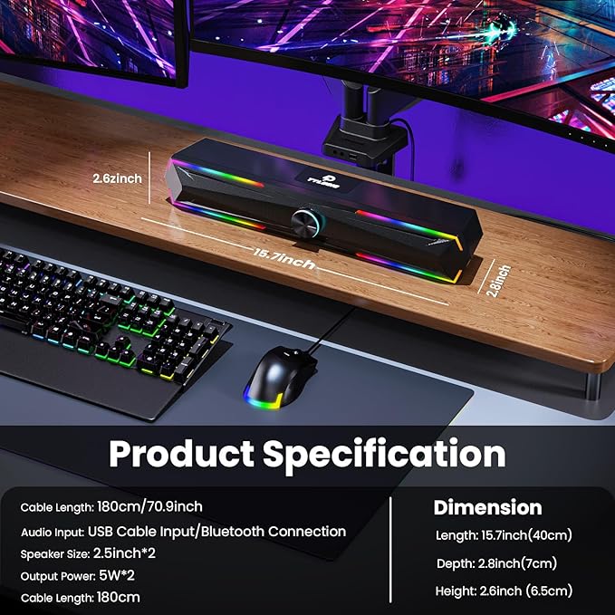 Tylubio Computer Speakers for Pc Desktop with Clear Sound, Flowing LED PC Speaker for Computer Desktop Laptop Monitor, Bluetooth & USB Input - Black