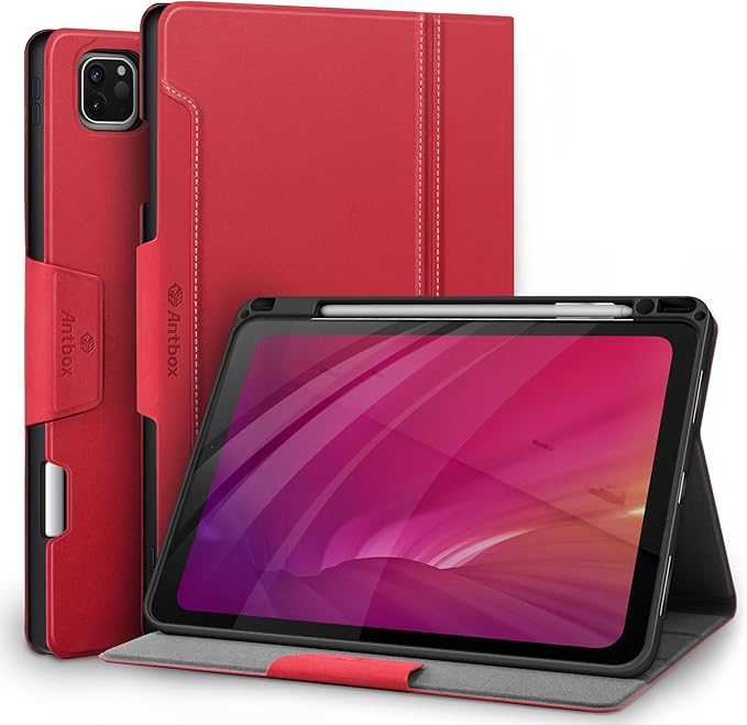 Antbox Case for iPad Pro 11 inch 4th Generation (2022)/3rd/2nd/1st Gen Vegan Leather with Pencil Holder Auto Sleep/Wake Function iPad Pro 11 Cover (Red)