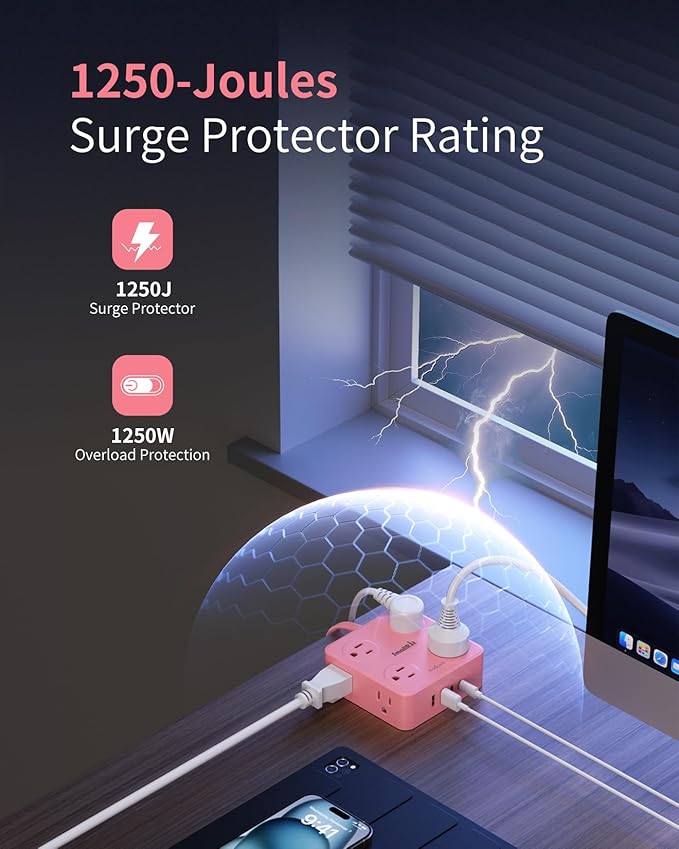 Power Strips with Surge Protection, SMALLRT Extension Cord with Multiple Outlets, 10FT Flat Plug Power Strip with USB Ports, 8 Outlets, Outlet Extender Surge Protector Outlet for Home Office, Pink