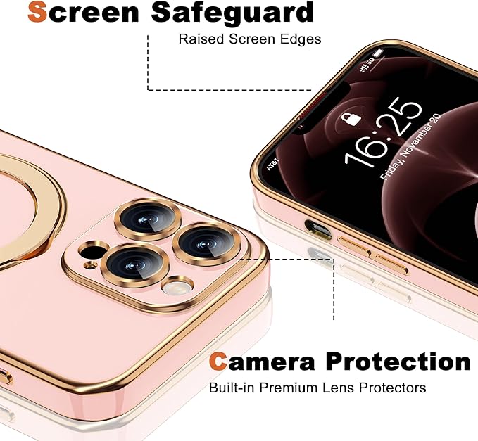 Compatible with iPhone 12 Pro Case with Magnetic Ring Stand [Compatible with Mag-Safe] [Full Camera Lens Protector] Soft Plating Phone Case for iPhone 12 Pro 6.1", Solid Pink