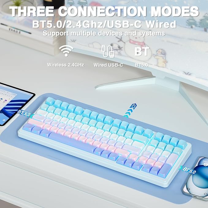 AULA F99 Wireless Mechanical Keyboard,Triple-Mode(BT5.0/2.4GHz/USB-C),Gasket Mounted Creamy Keyboard with Linear Switches, Side Printed PBT Keycaps,RGB Backlit PC Gaming Keyboards for Win/Mac
