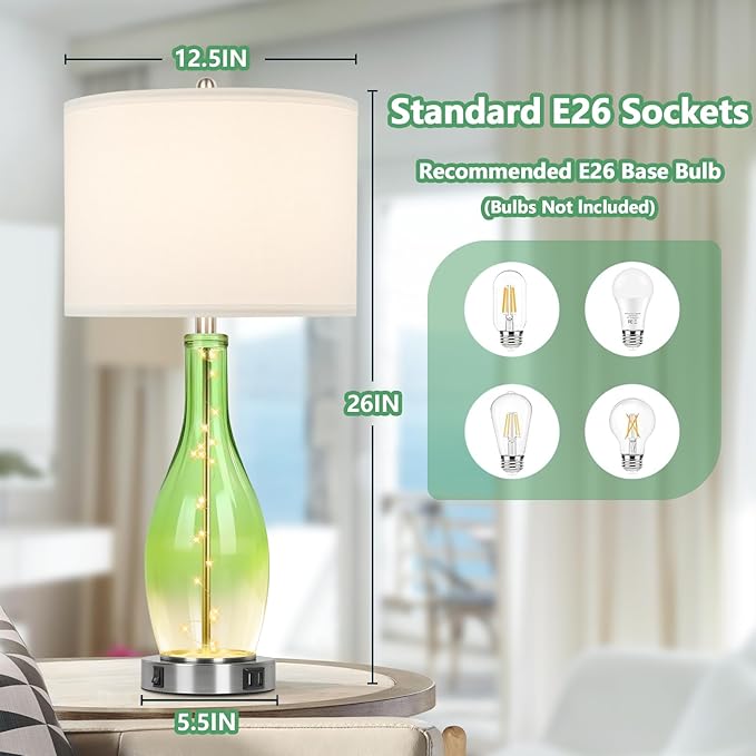 BesLowe 26in Tall Glass Table Lamps Set of 2 with 2 USB Charging Ports & LED Nightlight, Large Coastal Table Lamps for Living Room End Table, Modern Beach Lamps for Bedroom Bedside Nightstand, Green