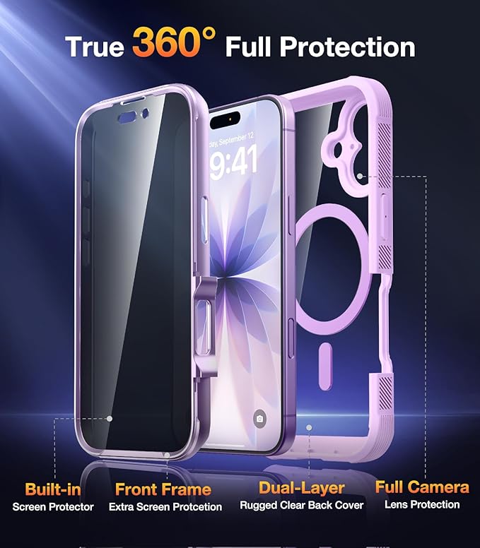 Diaclara Magnetic Designed for iPhone 17 Case 6.3'' [Full Camera Protection] Full Body Bumper with Privacy Screen Protector, [Compatible with MagSafe] Military Drop Proof Phone Case, Lavender Purple