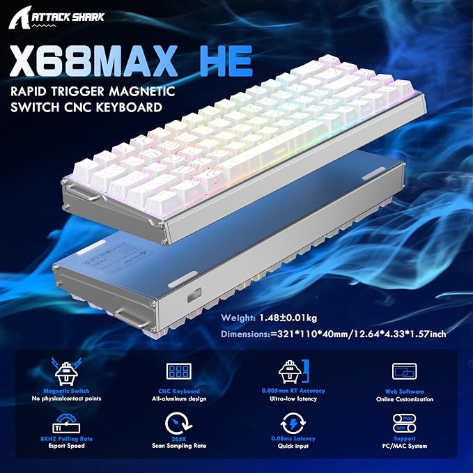 ATTACK SHARK X68MAX HE 60% Wired Magnetic Switch Keyboard,Full Aluminum CNC,0.005mm RT Accuracy,8KHz Rapid Trigger Mechanical Gaming Keyboard,Adjustable Actuation,RGB Coiled Cable for FPS Games,White