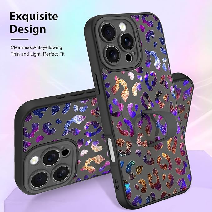 KANGHAR Compatible with iPhone 16 Pro Case, Support for MagSafe, Silicone Cute Iridescent Leopard Cheetah Pattern, Wristband Kickstand Shockproof Protective Slim Cover for Women Girls, Black