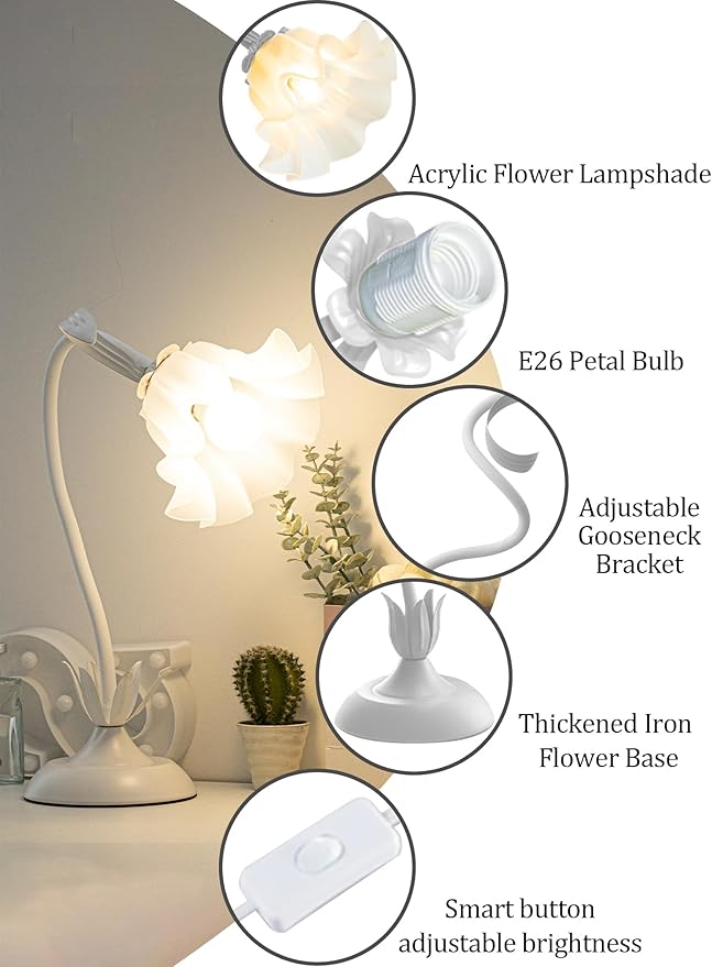 AQDZCNF Flower Table Lamp,LED Reading Light Bedside Vintage Flower Night Light,3 Colors Modes Kawaii Bedside Lamps Decor,Living Room Bedroom Room Lighting Table Lamps Home Decoration (White)