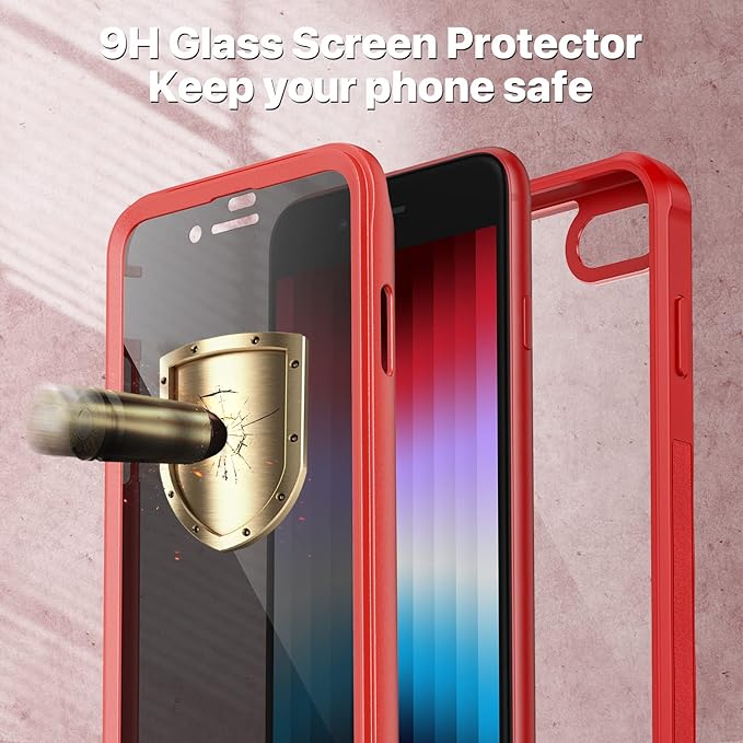 CENHUFO Privacy Case for iPhone SE 2022 3rd / iPhone SE 2020 2nd / iPhone 8/7, Full Body Phone Cover with Built-in 9H Tempered Glass Privacy Screen Protector, Anti Peep Shockproof Bumper - Red