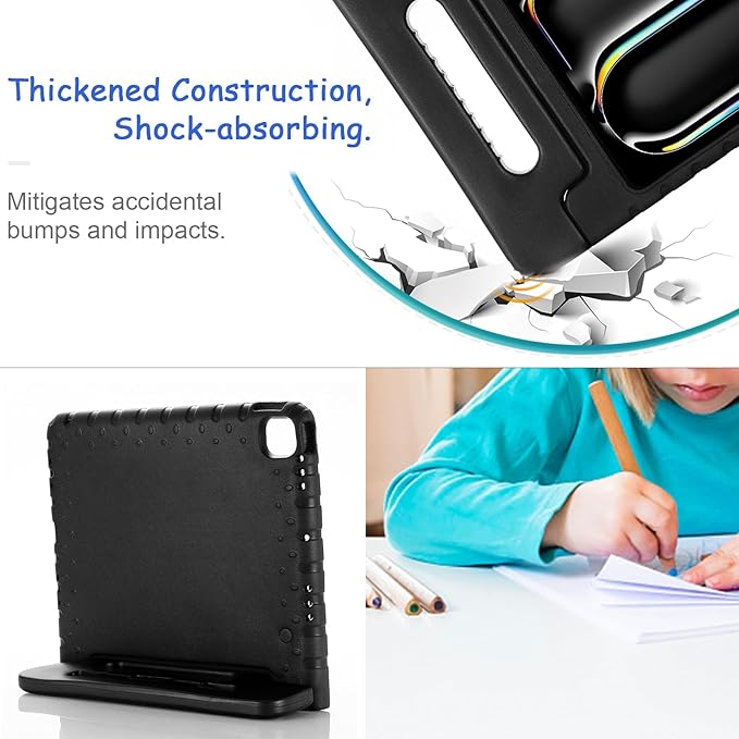 Kids Case for iPad Pro 13" 2025 (M5) 2024 (M4) & iPad Air 13" M4 M3 M2 Shockproof Case with Pencil Holder, Techcircle Handle Stand Light EVA Foam Bumper Protective Rugged Child Proof Cover, Black