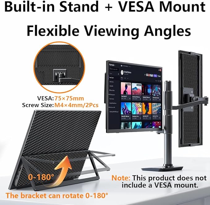 16” 4K Portable Monitor UHD 3840×2400 16:10 400 Nits Gaming Display,IPS HDR External Second Screen,Vertical Monitor for Laptop/Mac/PC/PS5/Xbox with Speakers Stand,VESA Compatible