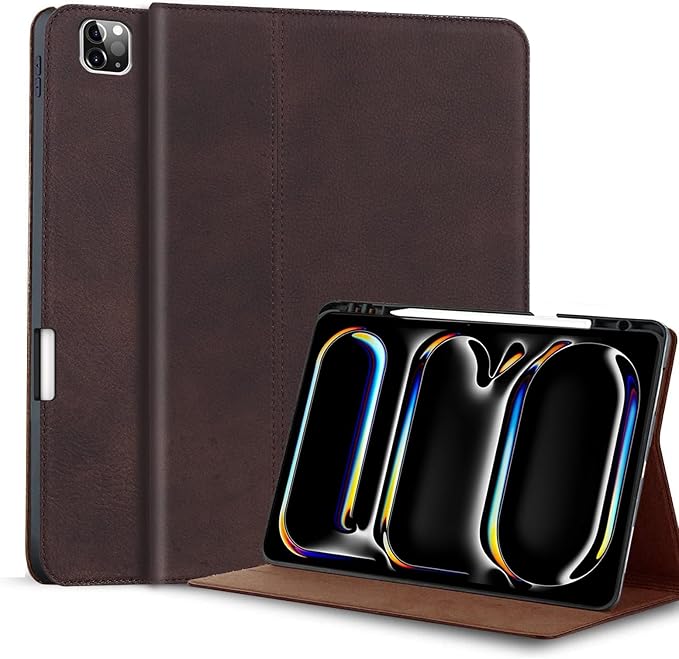 Gexmil Genuine Leather Case for iPad Pro 11 Inch (M5/M4) 2025/2024 with Pencil Holder,Protective Shockproof Leather Smart Folio Cover Adjustable Stand Auto Sleep/Wake Anti-Slip, Sanded Brown