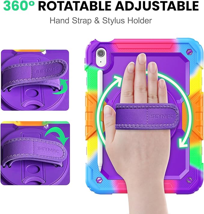 SEYMAC Case for iPad (A16) 11th/10th Generation 2025/2022 (11″/10.9″), Heavy Duty Full-Body Shockproof Protective Case with Screen Protector, Rotating Stand, Hand/Shoulder Strap, Colorful/Purple
