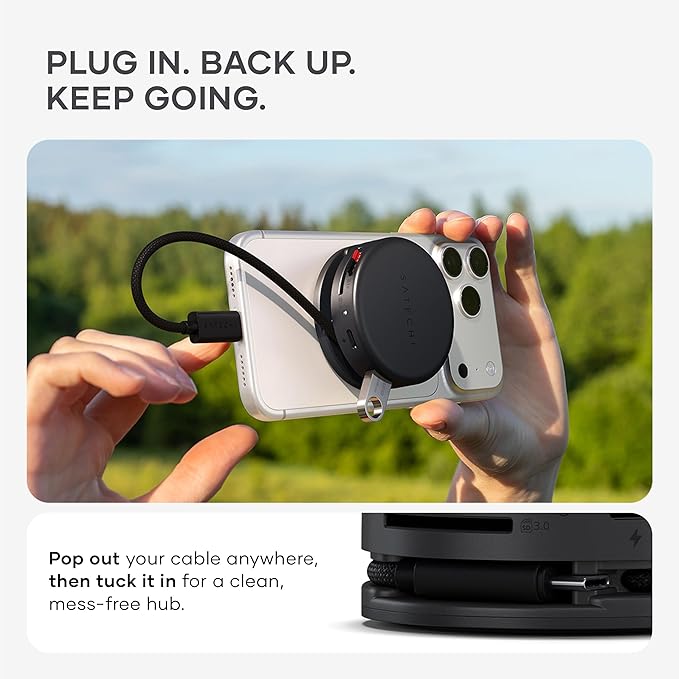 Satechi OntheGo™ 7-in-1 USB-C Hub, Compact Magnetic Multiport Adapter, 100W PD, HDMI 4K/60Hz, Gigabit Ethernet, 2×USB-A 5Gbps, SD/microSD Reader, Coiled Cable, for Mac & Windows – Space Black