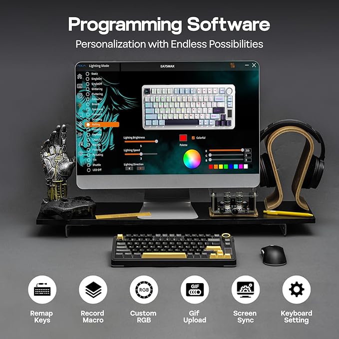 EPOMAKER X Aula EA75 MAX Wireless Gaming Keyboard with Screen & Knob, 5000mAh, Hot-Swap, Lubed Switches, RGB Backlit, Creamy Gasket, 75% Mechanical Keyboard (Black, Ice Vein Switch)