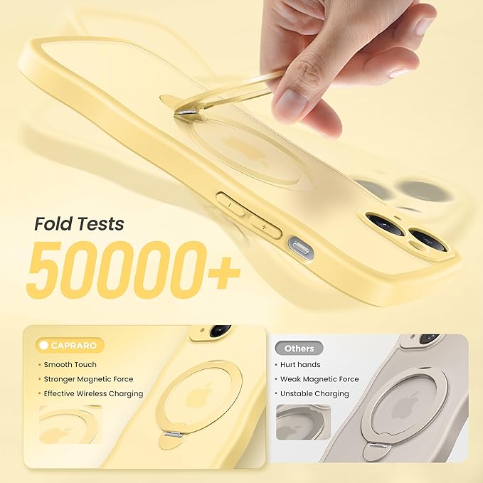 CAPRARO for iPhone 15 Case with 360° Spin Magnetic Stand for Women, [Compatible with MagSafe] [Full Camera Protection] Cute Wave Translucent Matte Case for iPhone 15, Jasmine Yellow