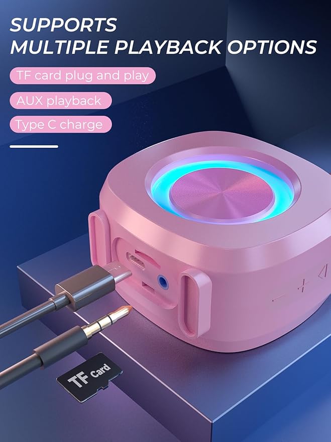PEICHENG Speaker, Small Portable Bluetooth Wireless IPX5 Waterproof Shower Speaker,Loud Stereo Sound Deep Bass,TWS Paire, RGB Lights,Long Playtime for Outdoor Party, Great Gift,1PC(Pink)